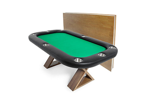 Portable gaming table with green playing surface and wooden legs on a white background