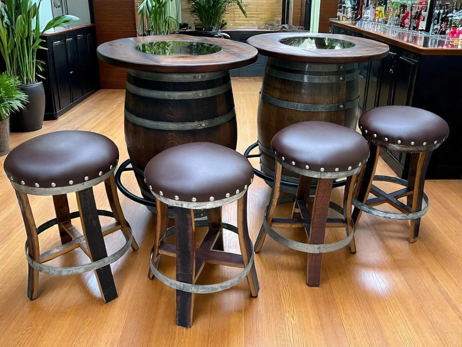 Bar setup with wooden barrel tables and stools in a bar setting