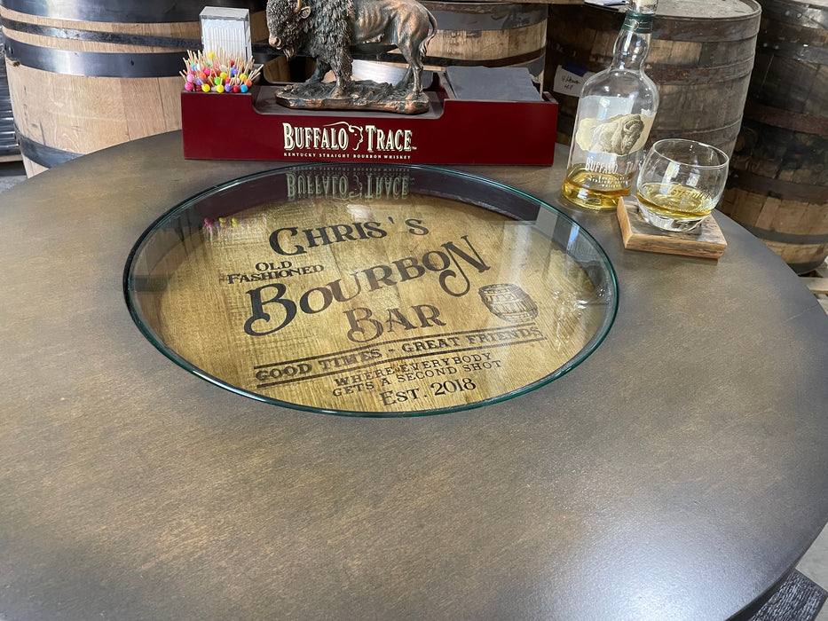 Glass tray with 'Chris's Bourbon Bar' design on a wooden barrel background