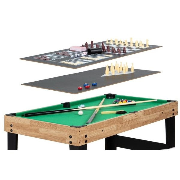Multi-game table with pool, checkers, and backgammon setups on a white background