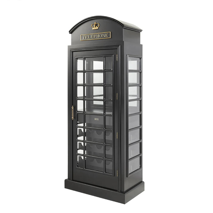 Black telephone booth with glass panels on a white background