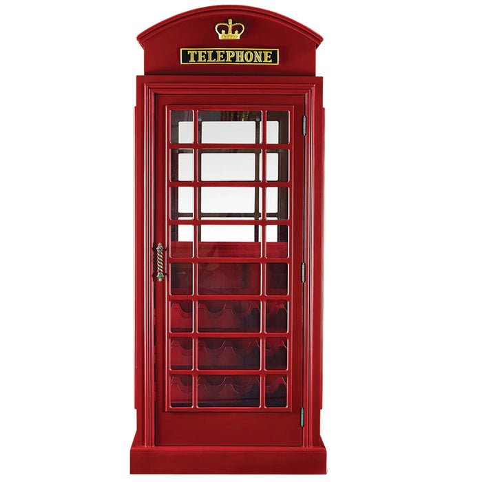 Red telephone booth with glass window on a white background
