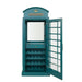 Teal phone booth-shaped wine cabinet with open door on a white background