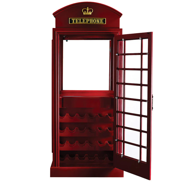 Red telephone booth wine cabinet with open door on a white background