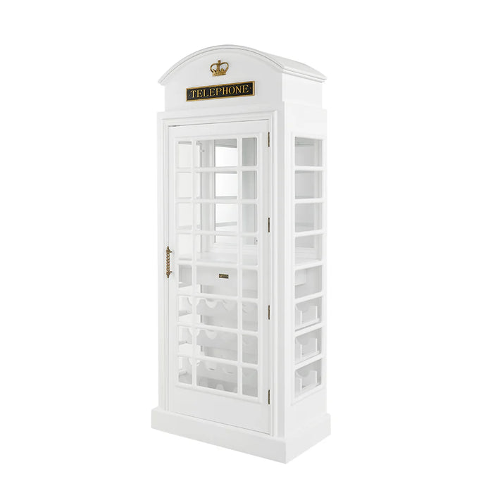 White phone booth cabinet with glass doors on a white background