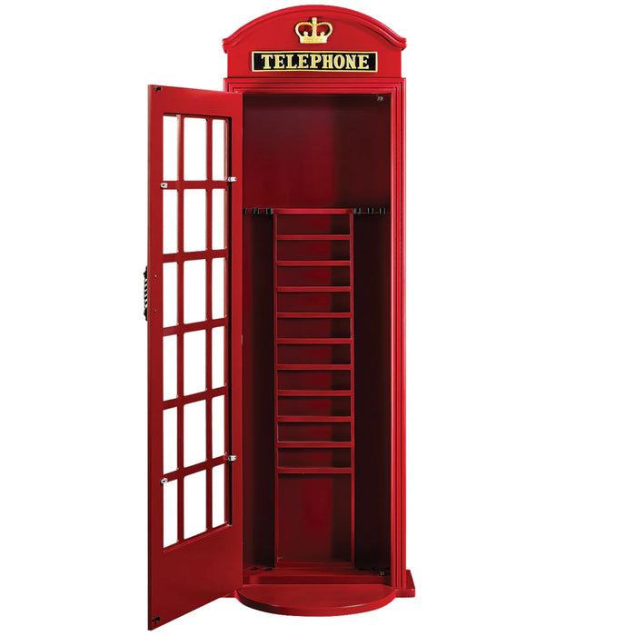 Red telephone booth with open door on a white background