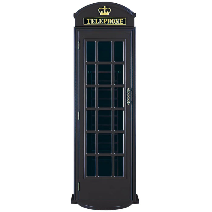 Black telephone booth with glass panels on a white background