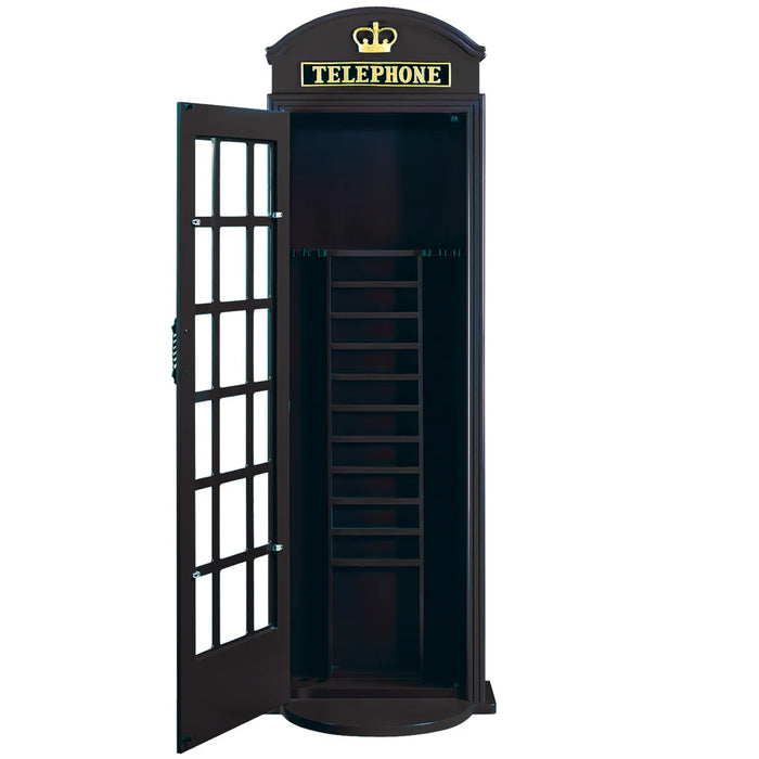 Black telephone booth with open door on a white background