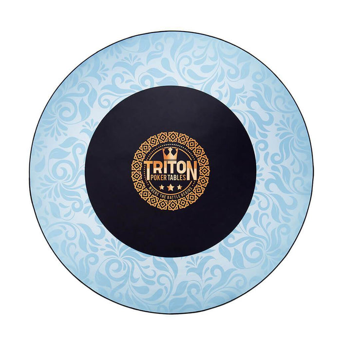 Round blue and black mat with Triton Poker Tables logo on a white background