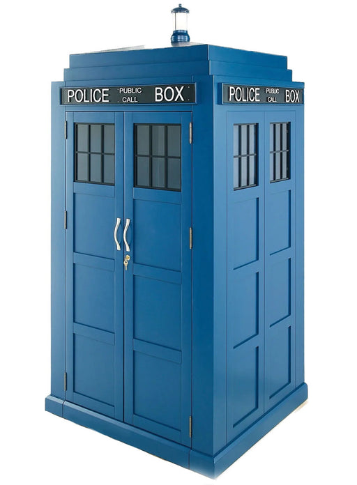 Blue police box with 'POLICE PUBLIC CALL BOX' text on a white background