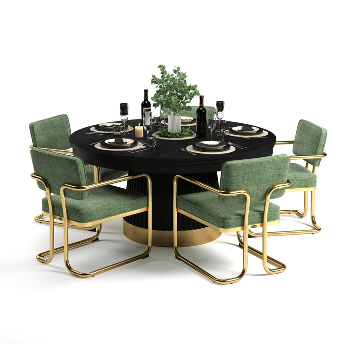 Dining table set with black table and green chairs on a white background