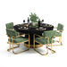 Dining table set with black table and green chairs on a white background