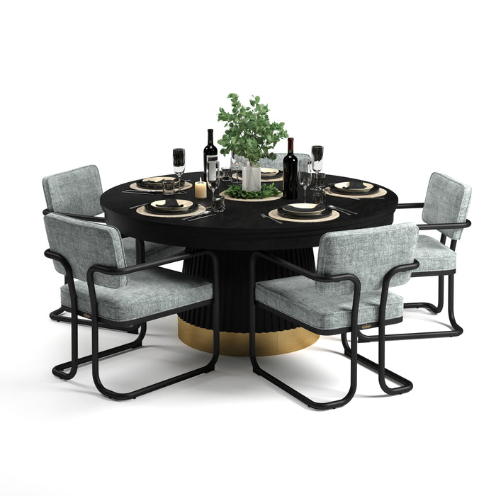 Dining table set with chairs and tableware on a white background