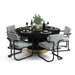 Dining table set with chairs and tableware on a white background
