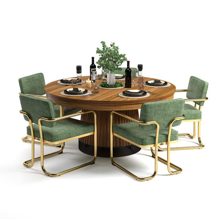 Dining table set with green chairs on a white background