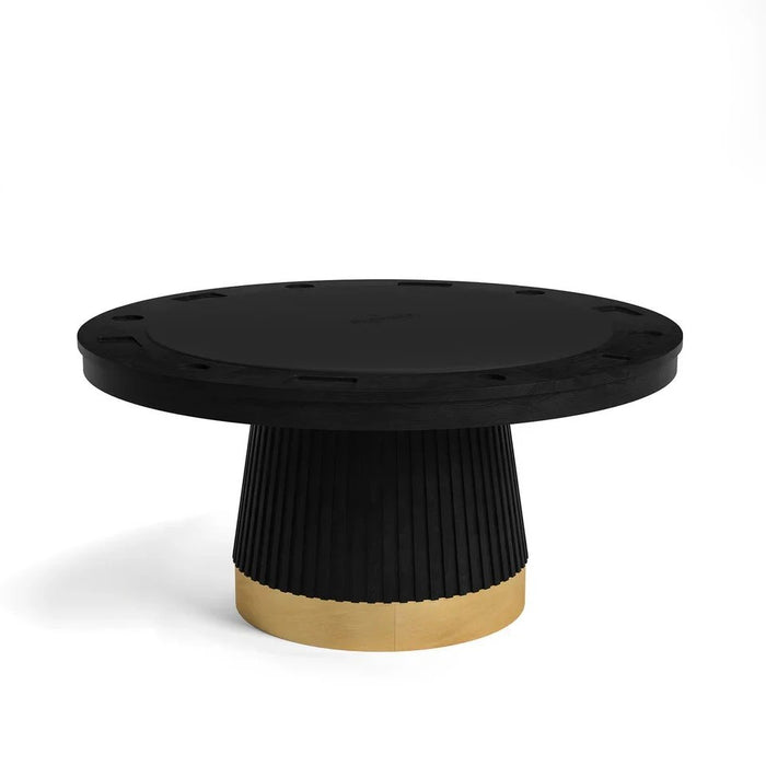 Black round table with a gold base on a white background