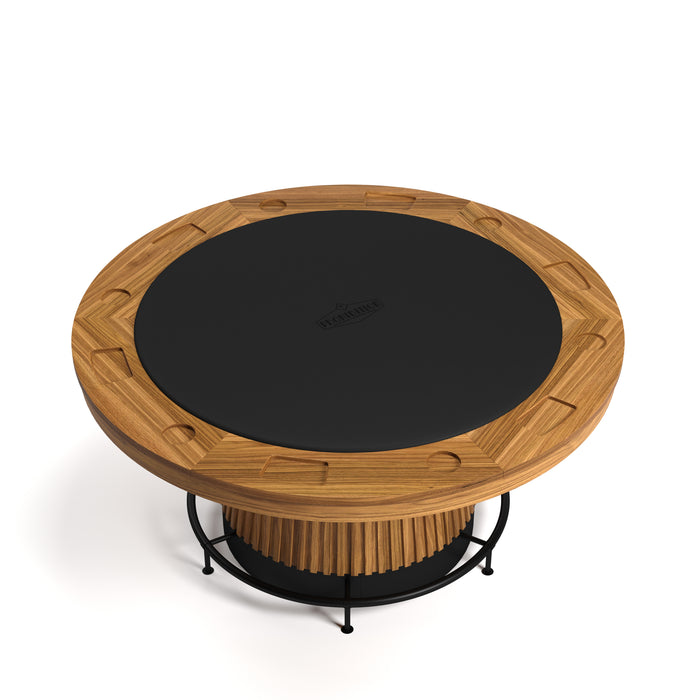 Round wooden table with a black top on a white background