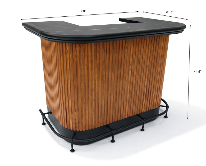 Wooden bar counter with black top and measurements on a white background