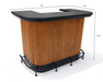 Wooden bar counter with black top and measurements on a white background
