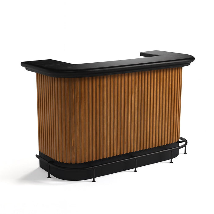 Wooden bar counter with black top and sides on a white background
