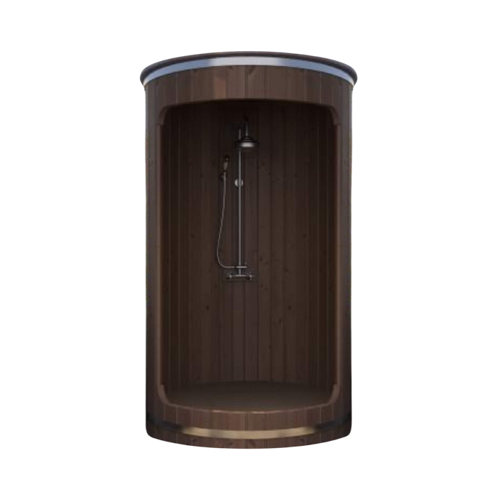 Brown shower enclosure with a shower head on a white background