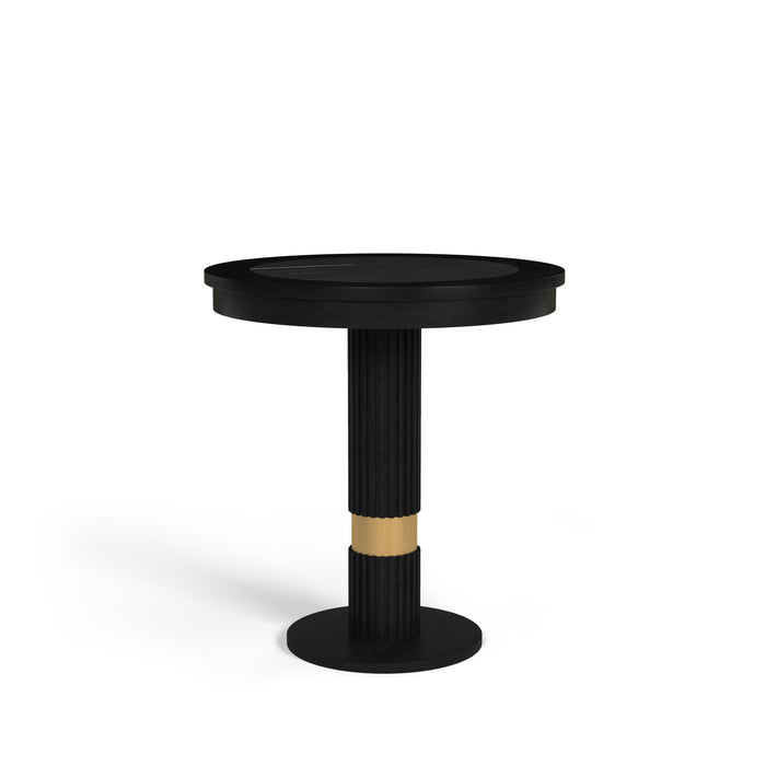 Black round table with a unique design on a white background