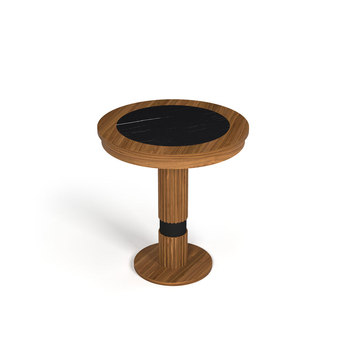Wooden side table with black marble top on a white background