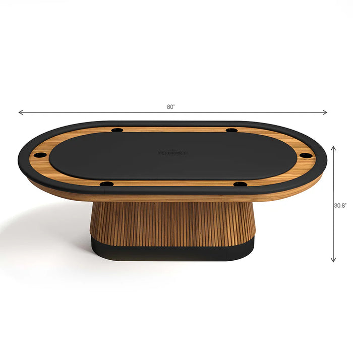 Wooden gaming table with black playing surface and dimensions indicated