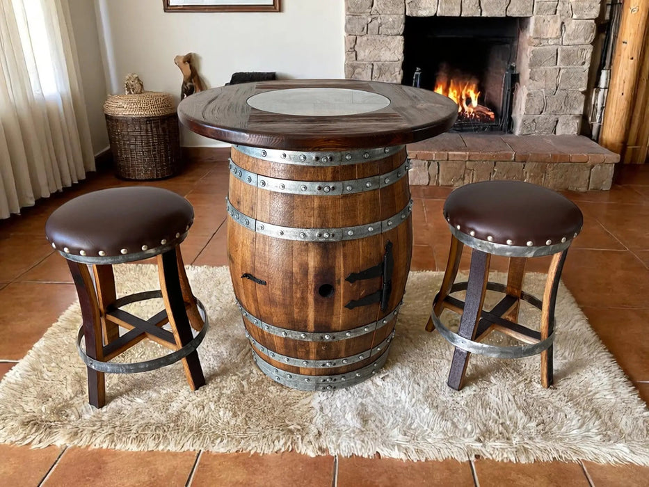 Wooden barrel table with two stools in a cozy room with a fireplace.
