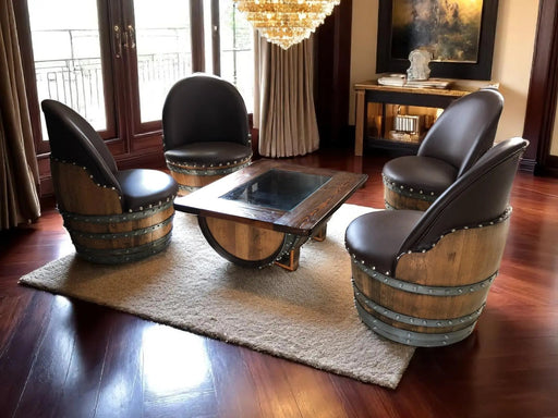 Wooden barrel chairs and table in a room with large windows and a chandelier.