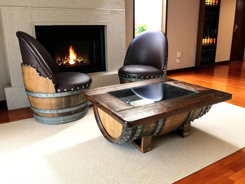 Wooden barrel chairs and table in a living room setting with a fireplace.