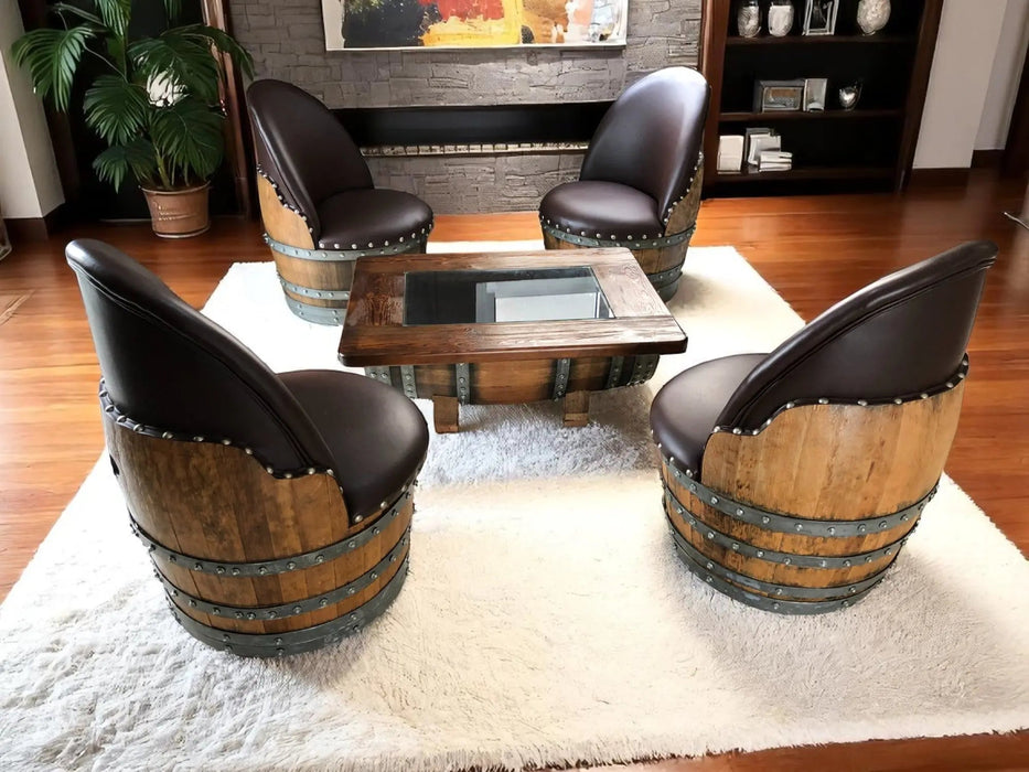 Wooden barrel chairs with a table in a room with a fireplace and shelves.