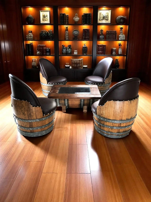 Wooden barrel chairs around a table in a room with bookshelves.