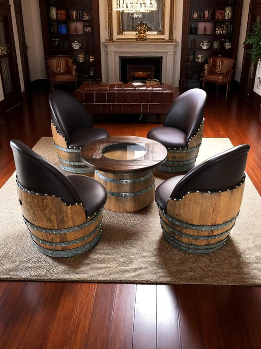 Wine barrel chairs and table in a living room setting with a fireplace.