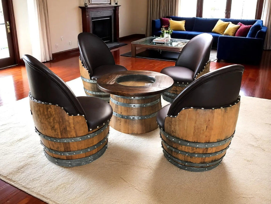 Wooden barrel chairs and table in a living room setting