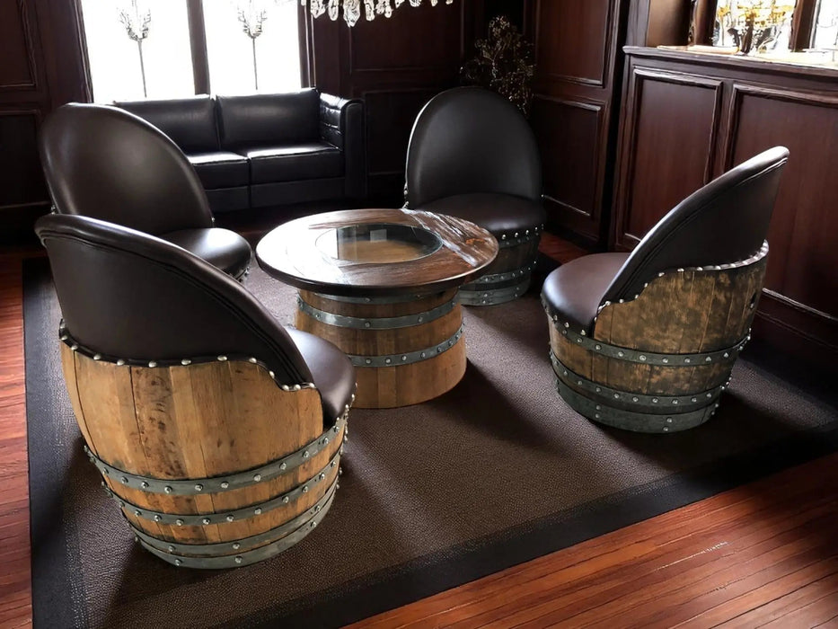 Wooden barrel chairs and table in a room with dark wood paneling.