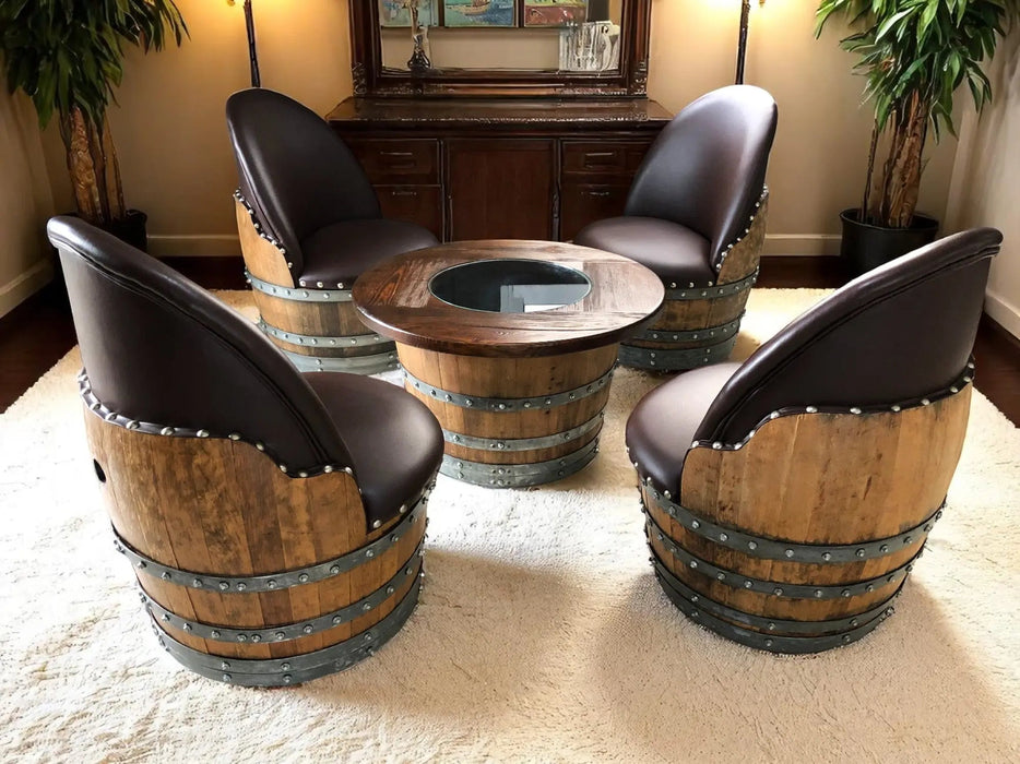 Wooden barrel chairs with a matching table in a room setting.