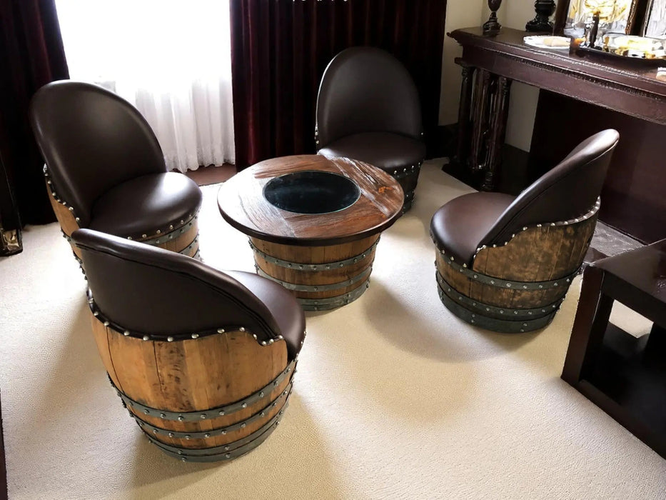 Wooden barrel chairs and table in a room setting