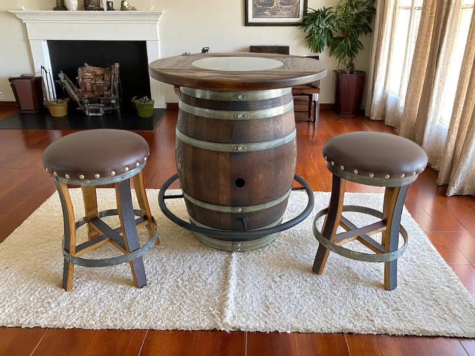 Wooden barrel table with two stools in a living room setting