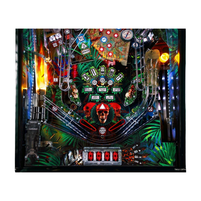 Pinball machine with colorful design and various elements on a white background