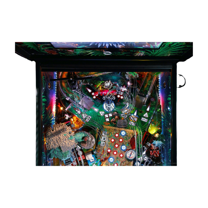 Pinball machine with colorful design and various components on a white background