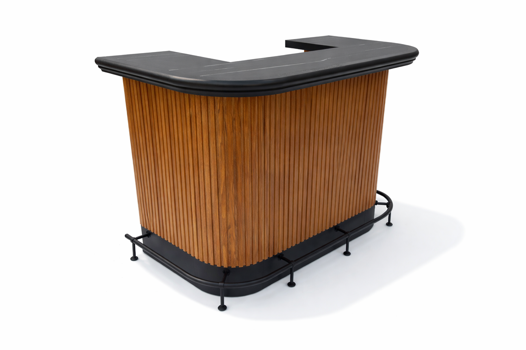 Wooden bar counter with black top on a white background