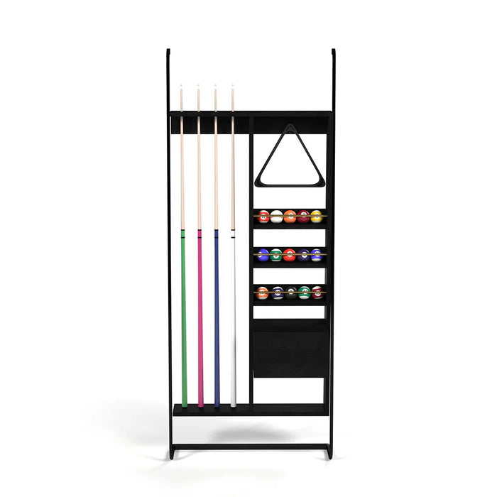 Black pool cue rack with pool balls on a white background