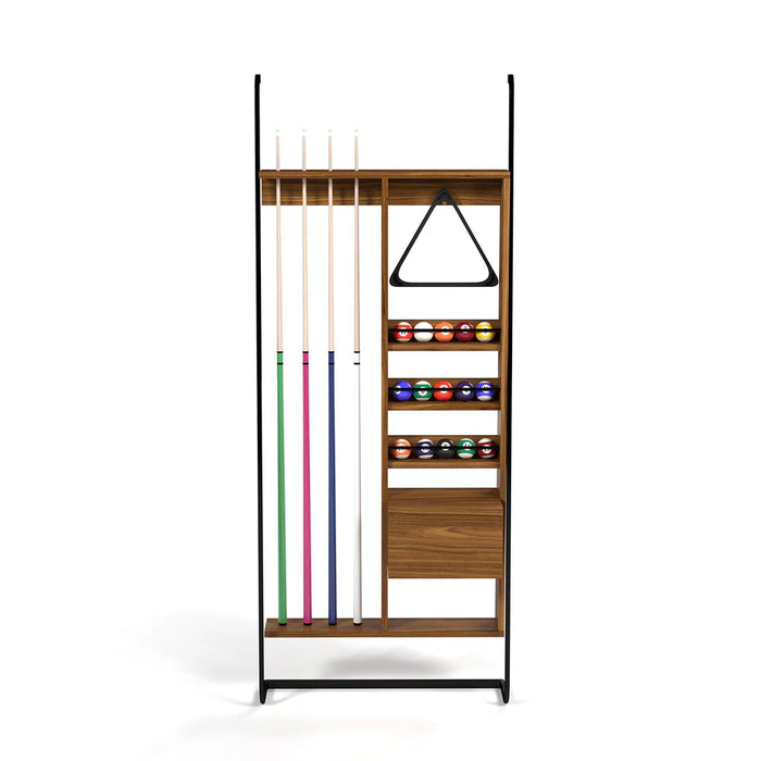 Wooden pool cue rack with shelves holding pool cues and balls on a white background