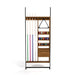 Wooden pool cue rack with shelves holding pool cues and balls on a white background