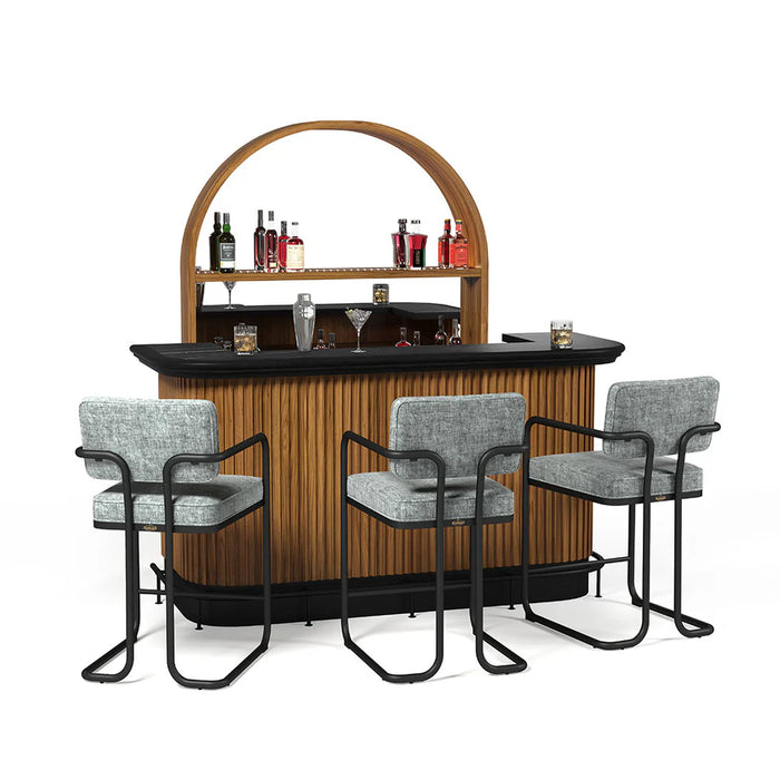 Outdoor bar set with wooden counter, black top, and three gray chairs on a white background