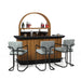 Outdoor bar set with wooden counter, black top, and three gray chairs on a white background