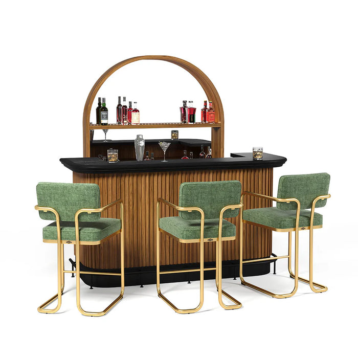 Bar set with wooden bar, black countertop, and green bar stools on a white background