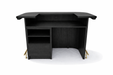 Black L-shaped desk with shelves on a white background