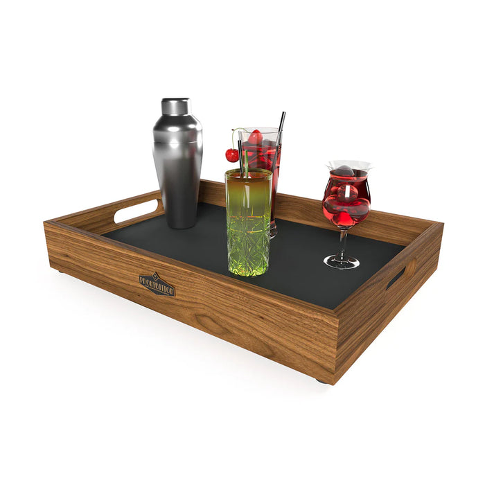 Wooden serving tray with drinks and a cocktail shaker on a white background